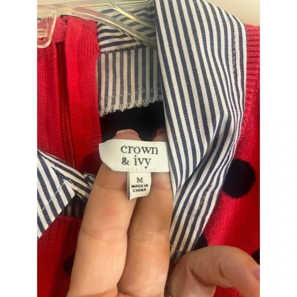 Crown & Ivy Red Polka Dot Striped Mixed Media Layered Sweater Top Medium - Picture 7 of 8